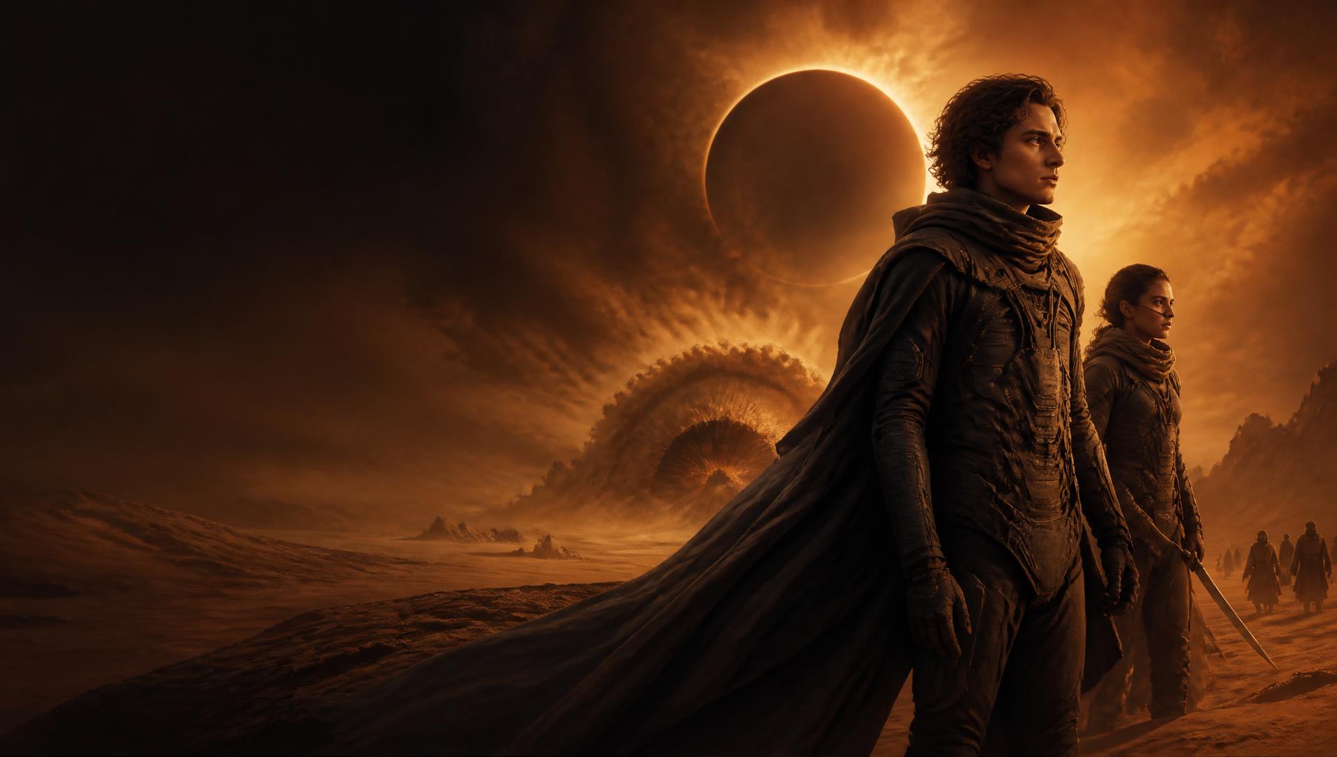 Two desert wanderers beneath an eclipsed sun